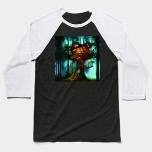 Magical Cottage Tree House with Lights in Forest with High Trees, Scenery Nature Baseball T-Shirt